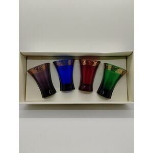 Set of 4 Pier One - Victorian 3" Gold Trim Multicolor Glass Shot Glasses